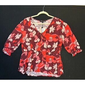 Harve Benard Floral Print V Neck Tie Front Peplum Blouse XL Vibrant Preppy Chic